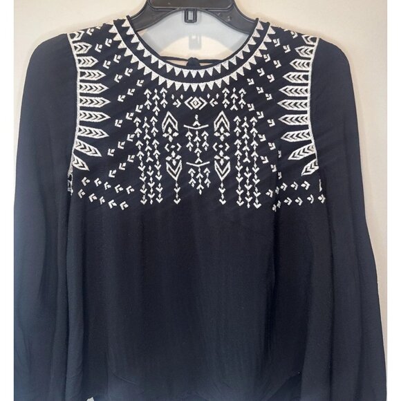 Boho Womens Black White Embroidered Tie Back Top Sz M Festival Peasant Hippie - Picture 2 of 9